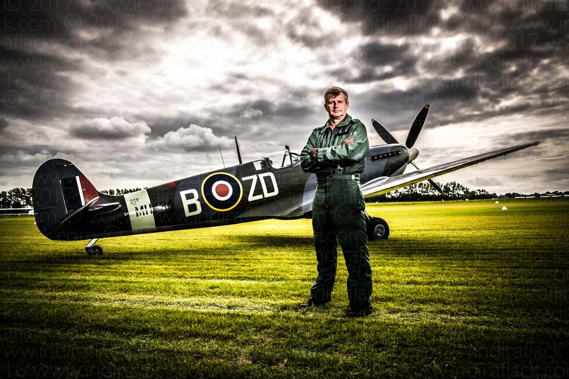 Goodwood Revival Freddie March Spirit of Aviation Steve Jones with Spitfire portrait by Indira Flack Photography