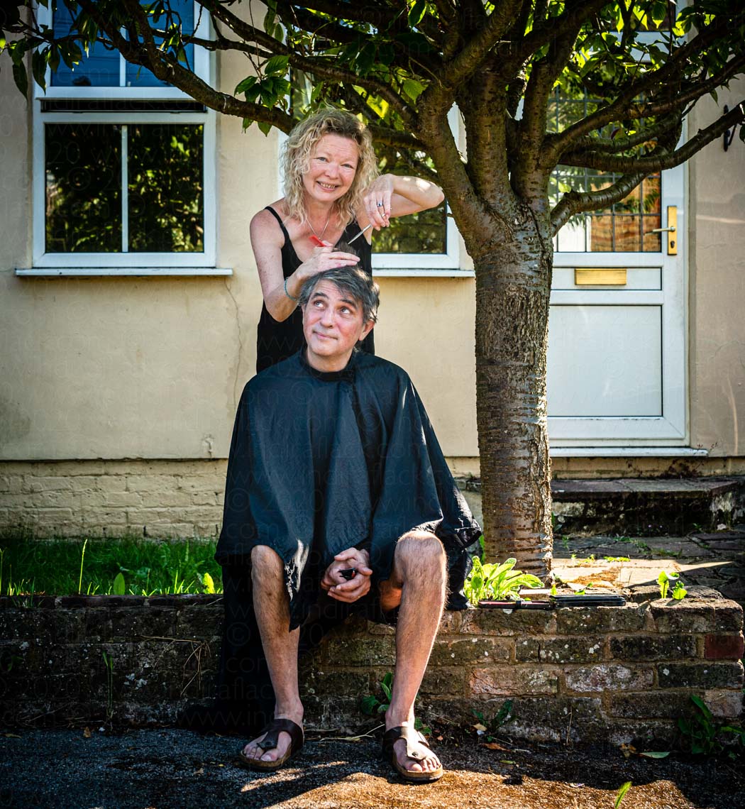 Steve & hairdresser Caron neighbours in lockdown portrait taken by Indira Flack portrait photographer