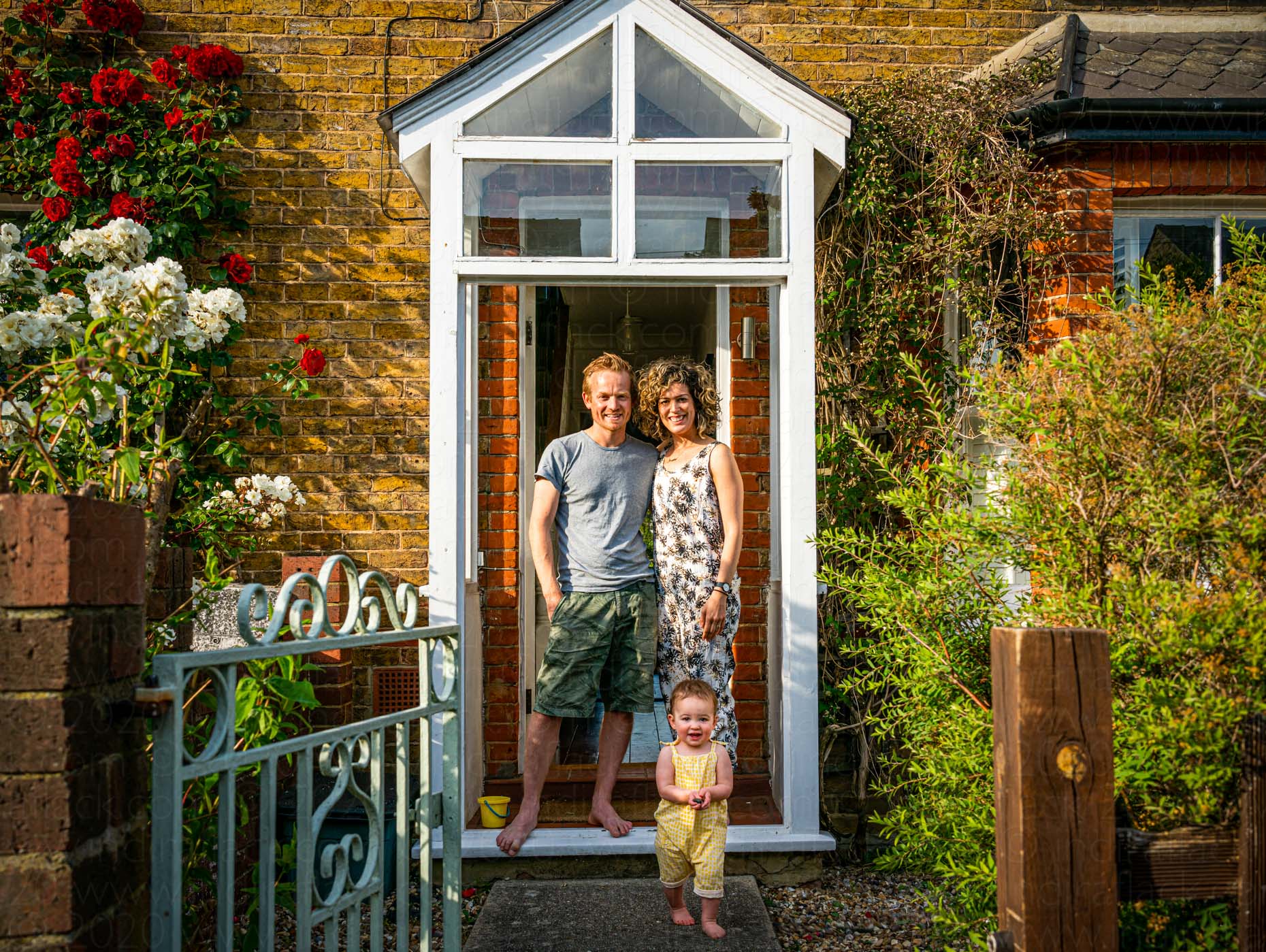 Andy, Jenny & Willow neighbours in lockdown portrait taken by Indira Flack portrait photographer